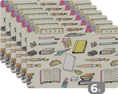 Placemat - Placemats kunststof - School - Patronen - Potlood - 45x30 cm - 6 stuks - Hittebestendig - Anti-Slip - Onderlegger - Afneembaar