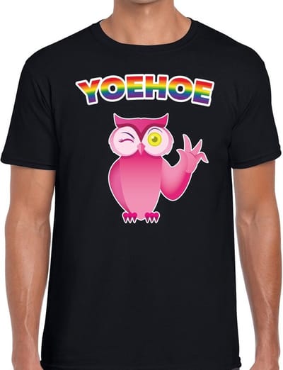 Yoehoe gay pride knipogende roze uil t-shirt - zwart shirt met yoehoe uil en regenboog tekst voor heren - Gay pride kleding S