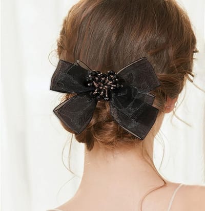 Haarclip strik - Haaraccessoire dames - Feestelijke look - Kristallen kralen - 13 cm breed - Zwart