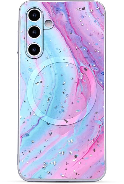 Casemania Hoesje Geschikt voor Samsung Galaxy S25 FE - Unicorn - Marmer Glitter Back Cover met Camera Bescherming - Geschikt voor MagSafe - Blauw en Roze