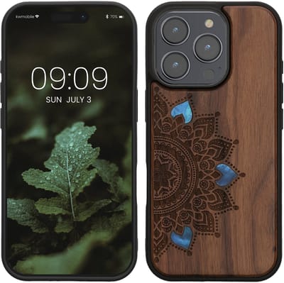 kwmobile telefoonhoesje geschikt voorApple iPhone 16 Pro - Hoesje met bumper - hout - In donkerbruin Parelmoer mandala design