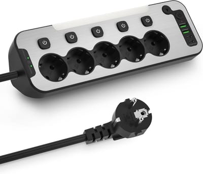 StayPowered Stekkerdoos - Efficiënt en Veilig voor Keuken & Kantoor - 5 Stopcontacten - USB-C & USB-A Poorten - Nachtlampje - Overspanningsbeveiliging - Roestvrijstalen Frontpaneel - Kinderbeveiliging - Zwart - Levering Sneller dan Aangegeven!