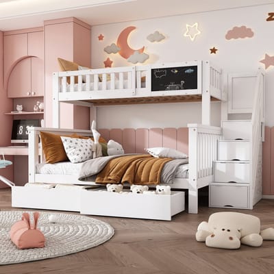 Kinderstapelbed, tweepersoonsbed, multifunctioneel kinderbed met krijtbord en lades, veiligheidsreling, matras niet inbegrepen, wit - 2 slaapplaatsen