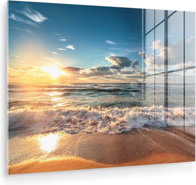 MuchoWow® Glasschilderij 160x120 cm - Schilderij acrylglas - Strand - Zee - Zonsondergang - Foto op glas - Muurdecoratie woonkamer - Wanddecoratie slaapkamer - Schilderijen