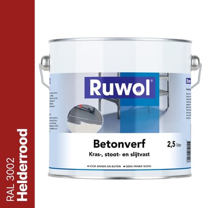 Ruwol Betonverf Helderrood (RAL 3002) 2,5 liter - Voor binnen en buiten - Alle kleuren - Kras-, stoot- en slijtvaste verf voor beton en steen - Betonverf voor buiten