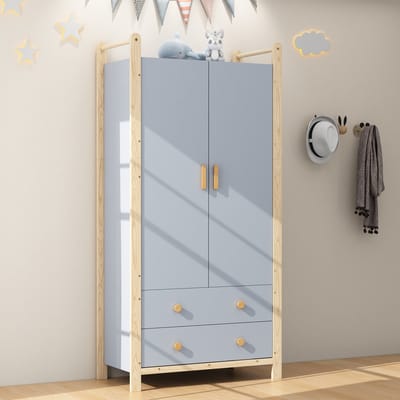 MODFU Kledingkast Met 2 Deuren En 2 Laden - Met Kledingroede - Modern - Voor Slaapkamer Of Hal - MDF En Grenenhout - Blauw - 89,6 x 44 x 180,5 cm