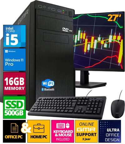 Intel Compleet Desktop SET | Intel Core i5 | 16 GB RAM | 512GB SSD | DVD+RW | Windows 11 Pro | 27 Inch Monitor + Muis & Toetsenbord