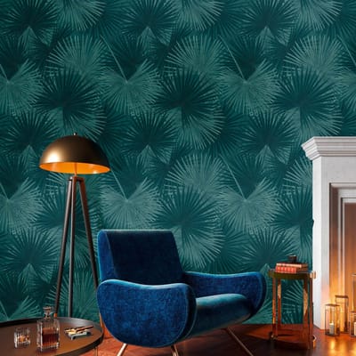 Fotobehang Profhome 391841-GU vliesbehang hardvinyl warmdruk in reliëf glad in jungle stijl mat turkoois petrol blauwgroen 1,59 m x 2,8 m