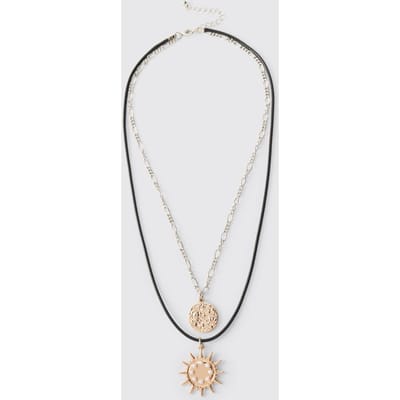 Double-Layered Necklace with Sunburst and Medallion | Gold