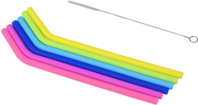 Benson Herbruikbare siliconen rietjes set - kleurrijk - met schoonmaakborstel - 6 stuks - 21 cm