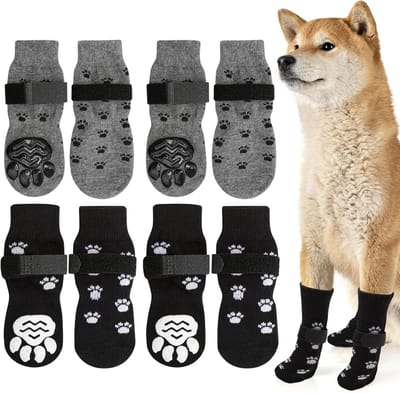 SnelShoppen - 4 Paar Antislip Hondensokken met Verstelbare Riemen - Dubbelzijdige Lekbescherming voor Binnen en Buiten - Maat M - Ideaal voor Honden e
