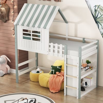 DESMIU Kinderbed 90x200 cm – Huisbed Met Dakvorm En Veiligheidsladder – Met Speelruimte En Opbergvak – Voor Kinderkamer – Massief Hout – Groen – Zonder Matras