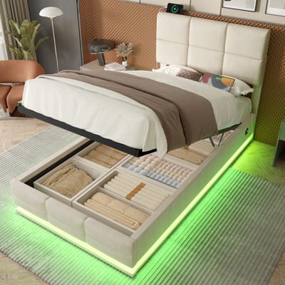 Gutent Eenpersoonsbed - 90x200 cm - Velvet - Verstelbaar hoofdeinde - USB/Type-C - LED-verlichting - Beige