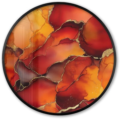 Poster in lijst Rond - Fotolijst 60x60 cm - Posters - Rood - Marmer - Goud - Herfst kleuren - Abstract - Ronde posterlijst zwart - Decoratie - Wanddecoratie woonkamer - Muurdecoratie slaapkamer