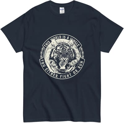 Motivatie T Shirt met Tijger - Fight or Run Quote - Jungle Style voor Mannen en Vrouwen - Blauw - S