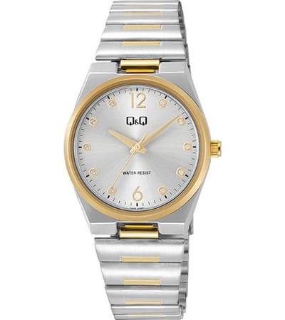 Q&Q Q84B-008PY - Horloge - Polshorloge - Analoog - Dames - Vrouwen - stalen band - Metaal - Overig - Cijfers - Stippen - Briljanten - Zilverkleurig - Goudkleurig