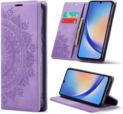 Casemania Hoesje Geschikt voor Samsung Galaxy S24 Bright Lila - Mandala Dunne Portemonnee Book Case - Slim Wallet Case met Pasjeshouder