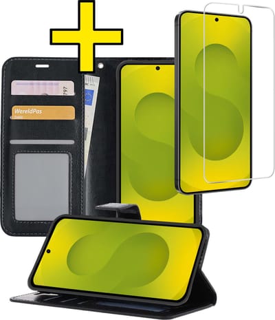 Hoesje - Met Screenprotector - Geschikt voor Samsung Galaxy S25 - Luxe Pasjeshouder - Bookcase Portemonee - Flip Case - Kunstleer Book Case - Flipcase - Book Cover - Walletcase - Portemonneehoes - Telefoonhoesjes - Zwart