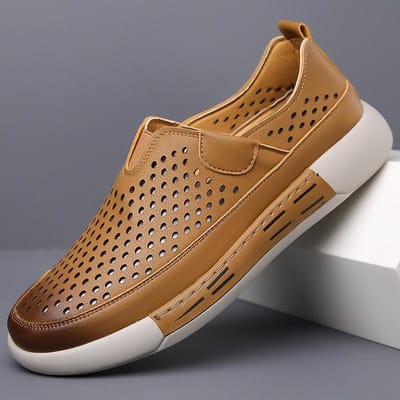 Heren Holle Gaten Casual en Veelzijdige Leren Schoenen One Step Perforatieschoenen Teen Teen Dikke Zolen Leren Schoenen 44 geel