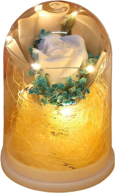 Bewaarde Rozen - Eeuwig Boeket - Romantisch Cadeau - Ingebouwd Nachtlampje - 12x12x12 cm - Lichtblauw