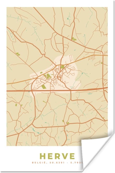 Poster Stadskaart - Plattegrond - Kaart - Vintage - Herve - 120x180 cm XXL