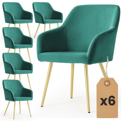 Set van 6 Eetkamerstoelen ESTELLE met Armleuningen / Gestoffeerde Stoelen / Fluwelen Stoelen en Metalen Poten / Flesgroen met gouden benen