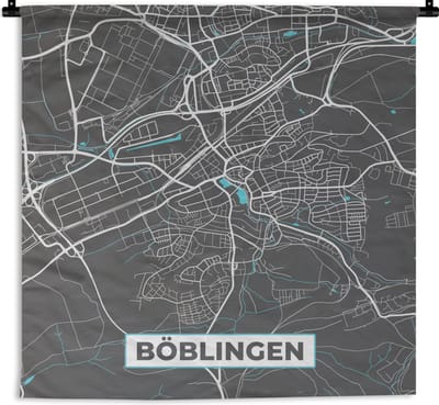 Wandkleed - Wanddoek - Böblingen – Stadskaart – Blauw – Plattegrond – Stadskaart – Kaart - Duitsland - 180x180 cm - Wandtapijt