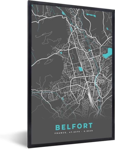 Fotolijst incl. Poster - Belfort - Frankrijk - Kaart - Stadskaart - Plattegrond - 40x60 cm - Posterlijst