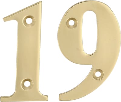 AMIG Huisnummer 19 - massief messing - 10cm - incl. bijpassende schroeven - gepolijst - goudkleur