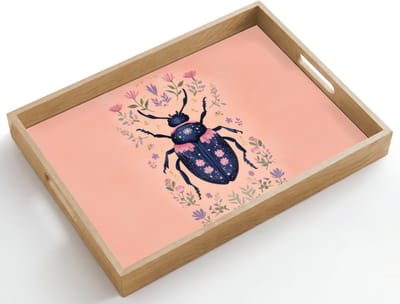 Dienblad hout 50x35 cm - Schootdienblad - Kever - Donkerblauw - Bloemen - Sierlijk - Borrelplank rechthoek - Plateau dienbladen