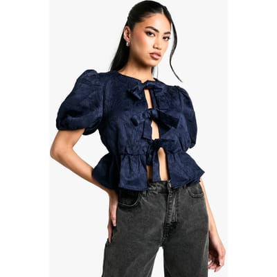 boohoo Dames Textured jacquard top met bandknoop aan de voorkant, pofmouwen en geplooide uitstraling | Marineblauw | Maat: 36
