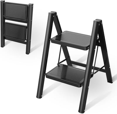 Famanu – Compacte trapladder met 2 treden brede antislip pedalen geschikt voor binnen en buitengebruik