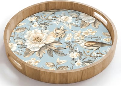 Dienblad rond 40x40 cm - Schootdienblad hout - Botanisch - Zangvogel - Blauw - Borrelplank rechthoek - Plateau houten dienbladen