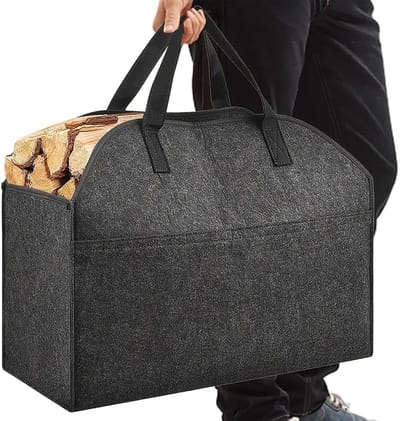 Vilten Houtmand - Draagbare Opberger - Haardhout Opslag - Robuuste Handgrepen - 56 x 25.5 x 43.2 cm - Enkel