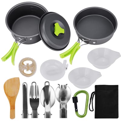 Kampeerkookgerei, 15 stuks rugzakuitrusting, wandelen in de buitenlucht, antiaanbakkampeerkookgereiset, 1-2 personen, lichtgewicht, compact, duurzaam, pot, pan, kommen zilver
