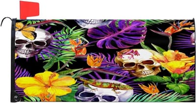 Brievenbus Cover - Magnetische Wrap - Buiten Decoratie - Waterdicht PVC Materiaal - 255 x 207 Inch - Tropische Bloem Schedel
