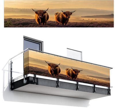 Balkonscherm 500x120 cm - Balkonposter Schotse hooglanders - Heide - Landschap - Dieren - Balkon scherm decoratie - Balkonschermen - Balkondoek zonnescherm