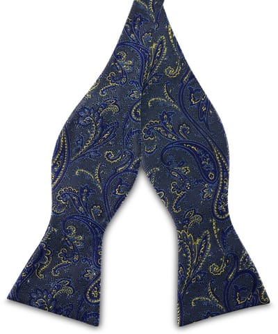 Zijden zelfbinder vlinderdas met lichtblauw en goud paisleymotief
