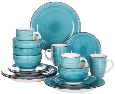 Home & Beyond® 16-delige Serviesset Turquoise Blauw – Stoneware Servies voor 4 Personen – Dinerborden, Dessertborden, Kommen & Mokken – Vaatwasser- en Magnetronbestendig