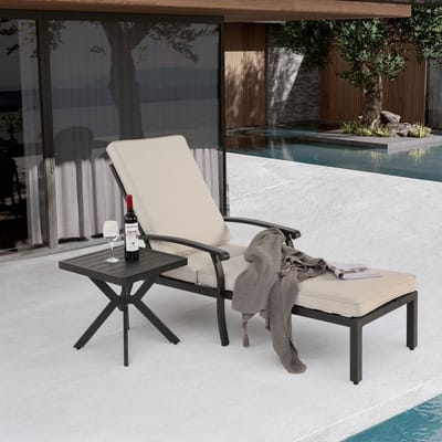 OKWISH Ligbed 204 X 58 Cm - Verstelbare Rugleuning Met 5 Standen - Met Dik Katoenen Kussen Voor Tuin En Zwembad - Aluminium - Beige