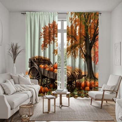 2 stuks set HD Thanksgiving Oogst pompoen houten kar decoratief gordijn Gele strik digitaal bedrukt gordijn Huisdecoratie st W52H63inchW132H160cm brown