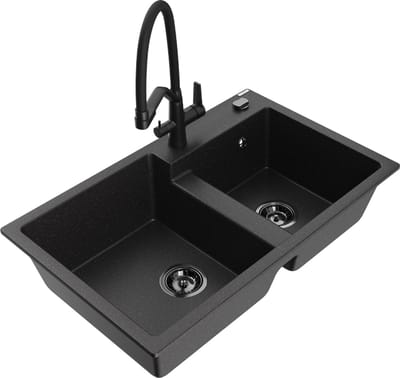 Mexen Tomas dubbele granieten gootsteen met Duo keukenkraan, zwart/zilver metallic - 6516-73-671701-70-B