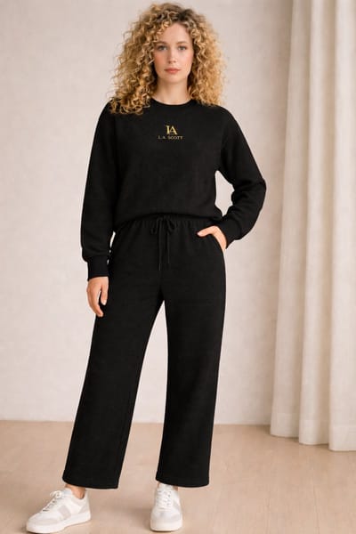 La Booty- zwarte dames luxe huispak - jogging set- trainingspak- sweat stof- lange broek- Premium SoftTouch katoen- maat S