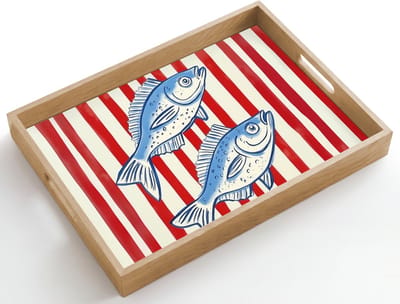 Dienblad hout 50x35 cm - Schootdienblad - Vissen - Verticale strepen - Blauw - Rood - Borrelplank rechthoek - Plateau dienbladen