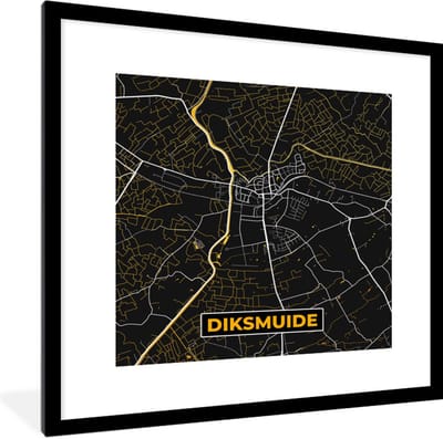 Fotolijst incl. Poster - Stadskaart - Black en gold - Diksmuide - Plattegrond - Kaart - 40x40 cm - Posterlijst