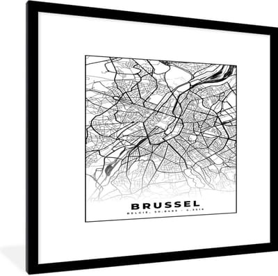Fotolijst incl. Poster Zwart Wit- België – Brussel – Stadskaart – Kaart – Zwart Wit – Plattegrond - 40x40 cm - Posterlijst
