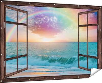 Gards Tuinposter Doorkijk Regenboog in het Water bij het Strand - 180x120 cm - Tuindoek - Tuindecoratie - Wanddecoratie buiten - Tuinschilderij