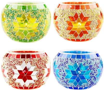 SnelShoppen - Mosaic Glass Candlesticks Theelichthouders 4 Stuks voor Tafeldecoratie, Kleurvol, Perfect voor Feestjes, Tuin, Keuken en Speciale Gelege