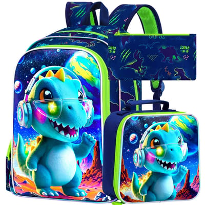 3 STuks Jongens Rugzak, 16” Kinder Dinosaurus Boekentas met Lunchbox, Schooltas voor Basisschool Peuter blue