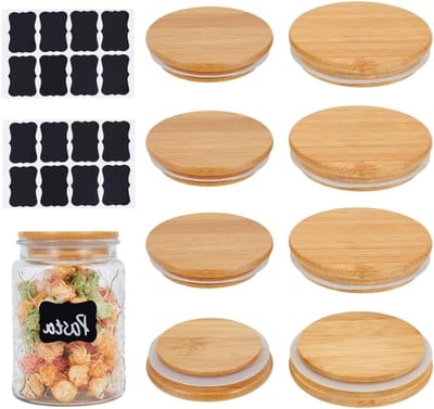 Set van 8 Bamboe Glazen Lids in 2 Maten, Houten Deksel met Siliconen Ring en Plaksticker voor Weckpotten en Mason Jars, 85/98mm, Luchtdicht en Duurzaam